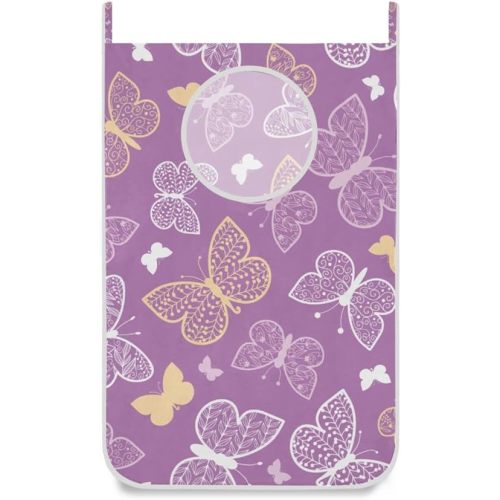 Door Hanging Laundry Hamper Bag with Free Adjustable Stainless Steel Hooks Dirty Clothes Hamper Extra Large Over the Door Laundry Hamper Purple Butterfly 29.5X20inch 2 PCS