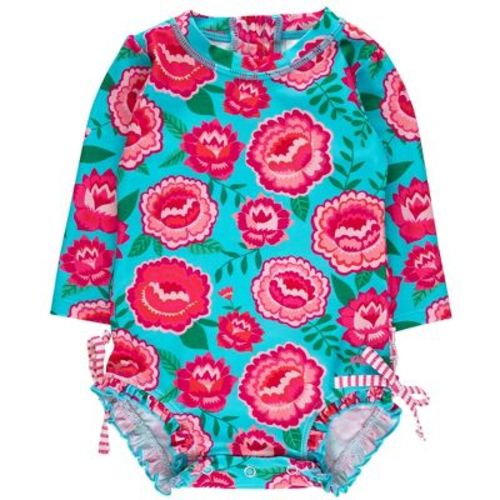 RuffleButts Baby Girls UPF50+ Sun Protected Floral Long Sleeve One Piece Rash Guard - Bright Blossoms, 18-24m