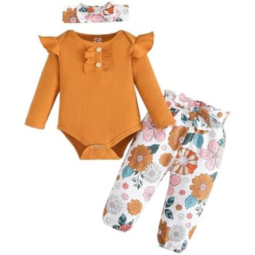 Newborn Baby Girls Clothes Ribbed Ruffled Romper+Floral Pants+Headband Infant Outfit Set