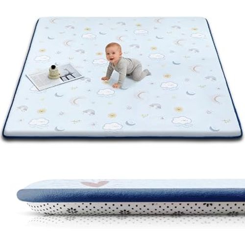 Baby Play Mat for Floor, 1.3-Inch Thickened Foam Soft Padded Playmat for Tummy Time, 50x50 Water-Repellent Coral Velvet Playpen Mat for Toddlers Infant Kids, Sky Theme