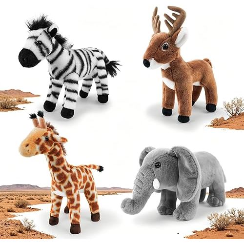4-Pack 8" Plush Safari Stuffed Animals Set – Giraffe, Zebra, Deer and Elephant, Ultra Soft Washable Jungle Toys for Kids, Adorable Nursery Decor for Toddlers