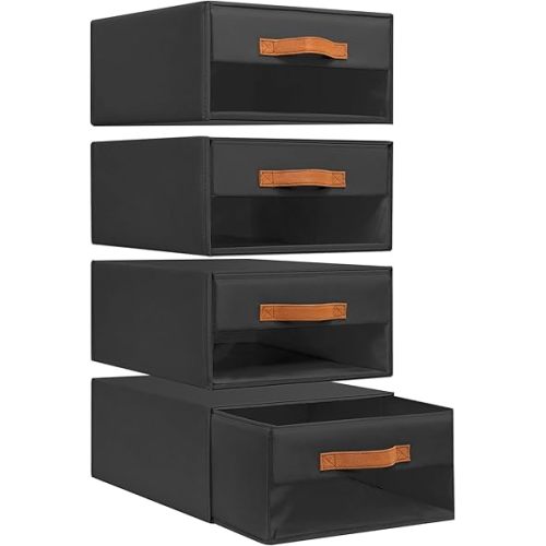DIMJ Closet Organizers and Storage - Foldable Storage Bins with Drawers Fabric Stackable Storage Drawers with Clear Window,Fabric Clothes Organizers and Storage Drawers for Closet, 4-Pack, Black