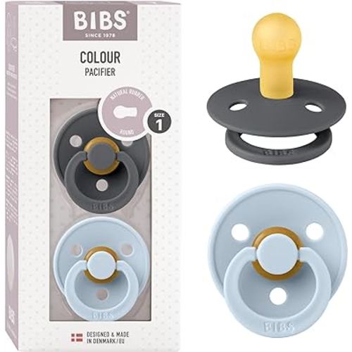BIBS Pacifiers Colour Collection | Natural Rubber Baby Pacifier | Set of 2 BPA-Free Soothers | Made in Denmark | 0+ Months (Pack of 2) | Baby Blue/Iron