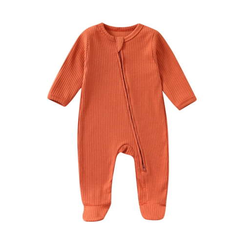 Lopecy-Sta Newnorn Baby Footie Romper with Mitten Cuffs Zipper Solid Color Round Neck Long Sleeved Cotton Pajamas One-Piece Jumpsuit Sleeper Infant Clothes