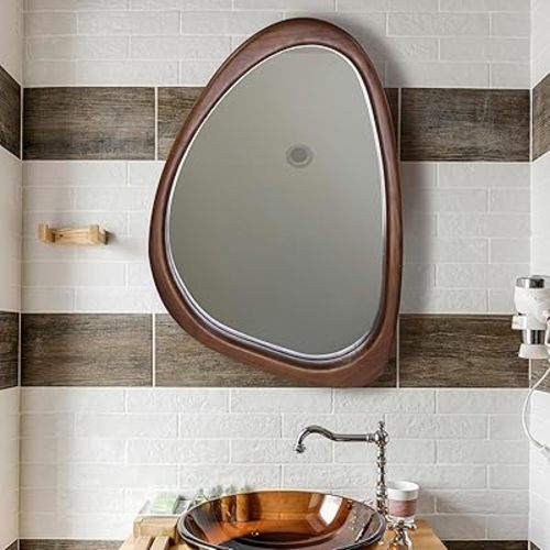 Irregular Wall Mirror, 20 x 30in Wooden Frame Asymmetrical Mirror, Large Home Decor Wall Mirrors, Hanging Vertically and Horizontally, for Bathroom, Living Room, Entryway (Walnut Colour)