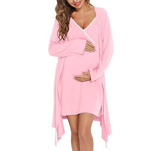 SWOMOG Womens Maternity Robe 2 Piece Nursing Nightgown for Breastfeeding 3 in 1 Labor Delivery Nursing Dress Lace Bathrobe