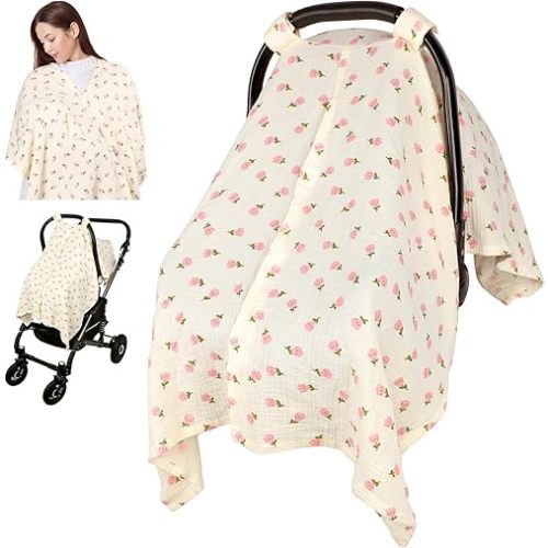 Car Seat Cover Baby Girls Boys, Summer Cotton Baby Car Seat Cover for Carseat, Comfortable Muslin Nursing Cover, Soft Baby Blanket, Breathable Lightweight Infant Stroller Canopy, Pink Flower