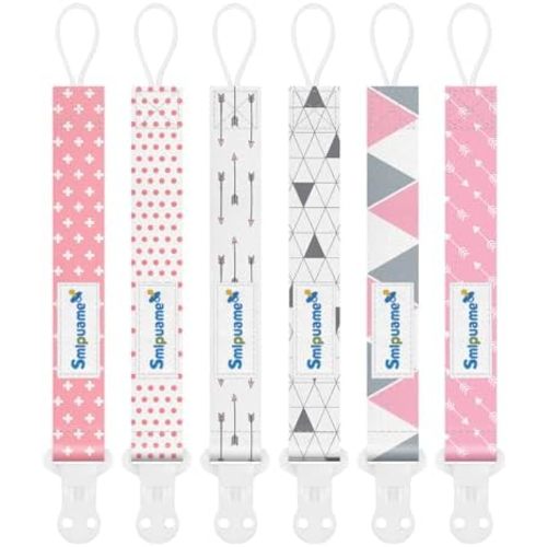 Pacifier Clip Girl,6 Pack Stylish Binky Clips Strap for Baby Girls,Paci Holder with Clip Lightweight Universal Fits Most Pacifiers Teether Toy Teething Ring Soothie,Baby Gifts(Pink & Grey)