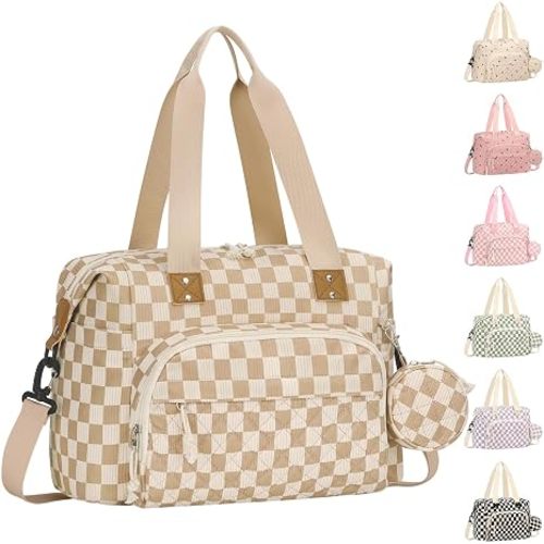 Diaper Bag Tote, Baby Bag with Pacifier Case, Khaki Checkered
