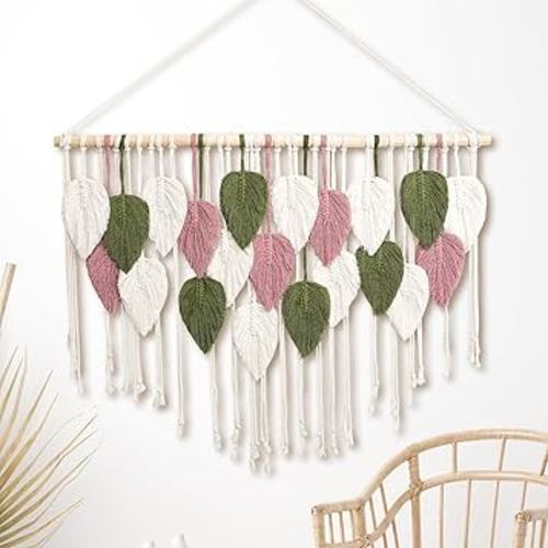 WOODSTICK Large Macrame Wall Hanging 39"W x 29.5"L - Boho Wall Decor in Beige, Old Pink & Green - Chic Woven Leaf Leaves Boho Tapestry, Handmade Cotton Fiber Art, Macrame Wall Décor, Bedroom Tapestry