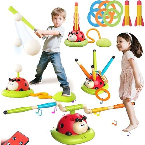 4 in 1 Musical Jump, Toss Ring Game, Baseball Toys and Stomping Launch Rocket Launcher for Kids Toys & Games with Remote, Indoor Outdoor Toys for Kids Ages 4-8 3-5 Baseball Party Favors Game Gift