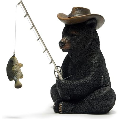 Hodao Black Bear Fishing Figurines Decoration Summer Bear Crafts for Home Office Desk Decor Statue for Tabletop Shelf Decoration Ornament Gifts Decor for Beach Fishing Lovers (Black)