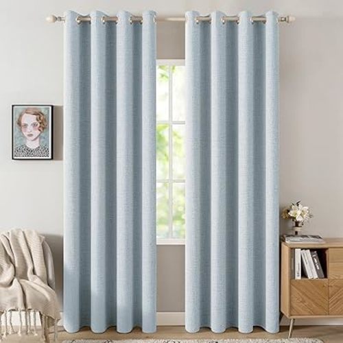 MIULEE 100% Blackout Linen Textured Curtains for Bedroom Solid Thermal Insulated Chambray Blue Grommet Room Darkening Curtains & Drapes Luxury Decor for Living Room Nursery 52 x 84 Inch (2 Panels)