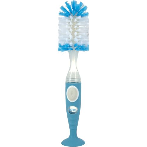Nuby Easy Clean Dispensing Soft and Durable Bristle Bottle Brush with Textured Handles and Suction Base, 2 in 1 System, Blue