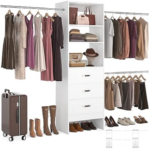 Homieasy 96 Inches Closet Organizer System, 8FT Customizable Walk In Closet Organizer with Hanging Rods, 3 Drawers Garment Rack with Leather Handle , 96" L x 16" W x 75" H, Max Load 1000 LBS, White