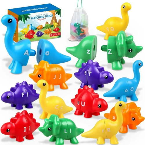 Qocolhg 52Pcs Double-Sided ABC Alphabet Matching Letters Dinosaur Toy with Uppercase Lowercase Montessori Toy Preschool Educational Learning Colors Matching Game Gift for Toddler Girls Boys Clearance