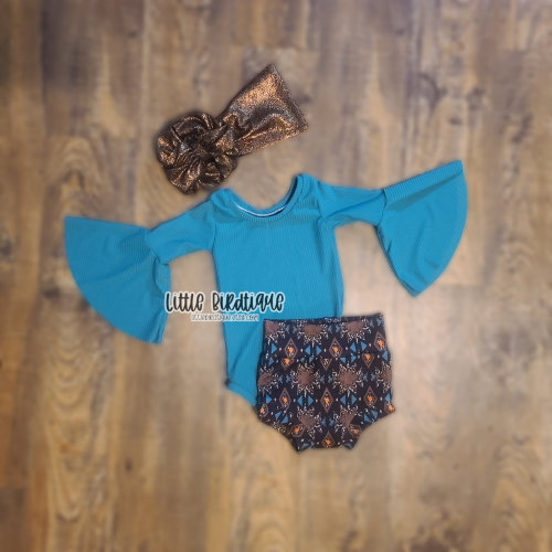 Gold Shimmer Messy Headwrap Turquoise Bell Sleeve Leo Bodysuit Aztec Bummies Baby Girl Outfit Pieces