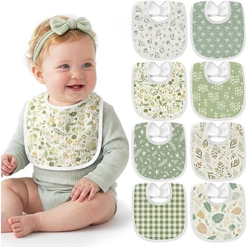 Tunnkit Muslin Baby Bibs, 8 Pack Bandana Drool Bibs, Extra Absorbent Drooling and Teething Bibs for Newborns and Infants, Unisex Baby Essentials for Boys and Girls