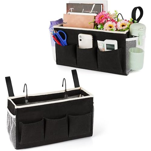 Bedside Caddy Bedside Organizer Bedside Storage Caddy with Fixed Straps and Water Bottle Holder for Home College Dorm Bunk Bed Hospital Bed Crib Bed Rails (2pcs Black)
