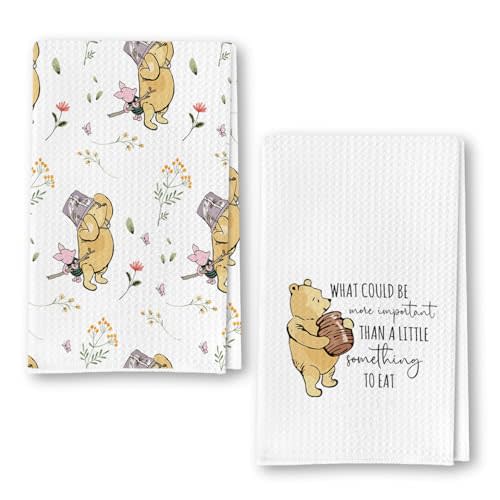 QZCYU Winnie Kitchen Towels Set of 2 - The Pooh Bear Decor Stuff for Kitchen Bathroom - Winnie Dishes Dish Towel - Winnie Bathroom Hand Towels - The Pooh Gifts for Women - Winnie Waffle Towels