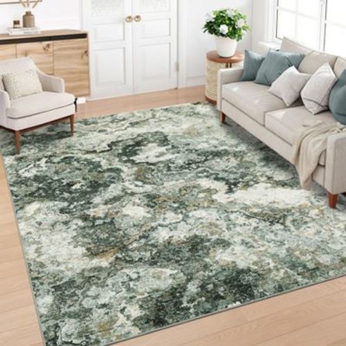 5x7 Green Machine Washable Area Rugs for Living Room, Modern Abstract Bedroom Rug, Low Pile Non-Slip Carpet