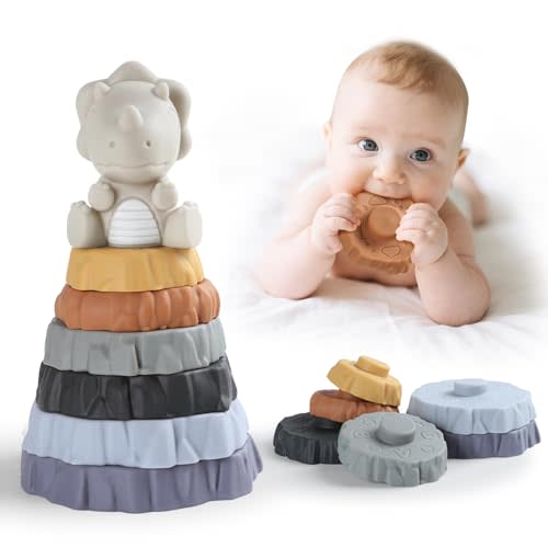 Stacking & Nesting Baby Teething Toy, 7 Pcs Soft Building Rings Stacker Toys with Dinosaur, Newborn Essentials Sensory Learning Toys for 6 12 18 Months Infant Toddler Boys Girls