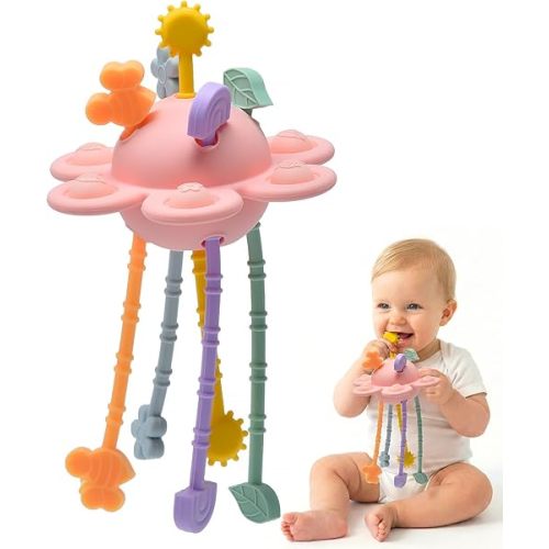 Silicone Baby Sensory Pull String Toy for 18+ Months, Montessori Toys for Toddlers, Sensory Activity Travel Toy for Airplane Car Seat Stroller, Fine Motor Skills Early Learning Gift (Light Pink)