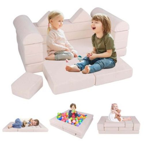 Costway Kids Modular Play Couch Play Set with Suede Fabric Cover High-Density Foam Beige/Gray/Pink