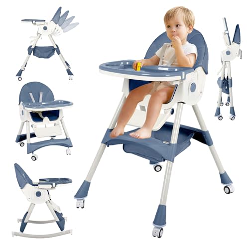 6 in 1 High Chairs for Babies and Toddlers，Portable Foldable High Chair with Wheels& Pu Cushion, Adjustable Height, Reclining Seat, 5-Point Safety Harness, Removable Tray