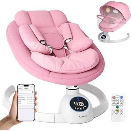 Electric Baby Swing with 5-Speed Motion & Vibration, Bluetooth Music, Remote Control, 10 Preset Melodies, Portable Baby Rocker for Newborns, Max 20 Lbs, 0-6 Months, Aluminum Frame