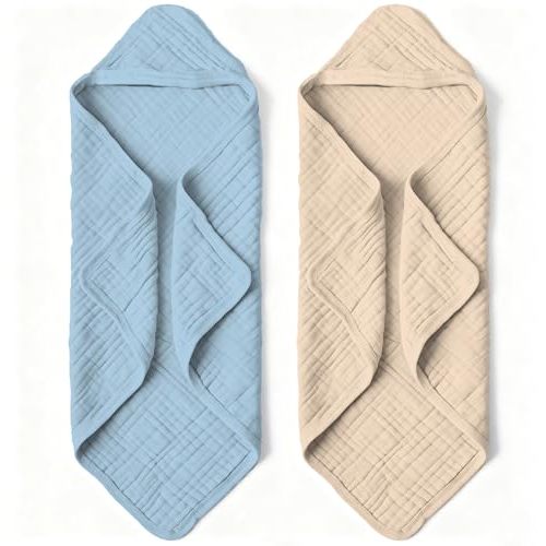 Organic Muslin Hooded Baby Bath Towels - 2 Pack 100% Organic Cotton Towel for Babies, Infants, Toddlers - 32x32Inch - Highly Absorbent and Newborn Essential (Brown Blue)