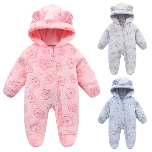 Fnaobai Newborn Winter Snowsuit Baby Girl Boy Bear Ear Fleece Hooded Romper Infant Footie Jumpsuit Outwear Coats