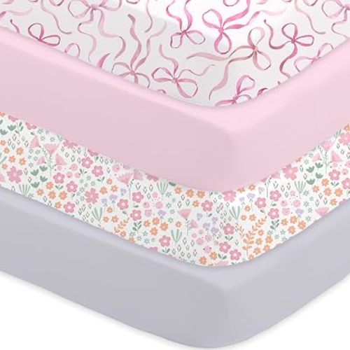 Bimocosy Crib Sheets 4 Pack, Baby Crib Sheets Fitted for Boys and Girls Breathable & Snug Fit, Soft Toddler Bed Sheets for Standard Crib Mattress Nursery Daycare Essentials, Bows