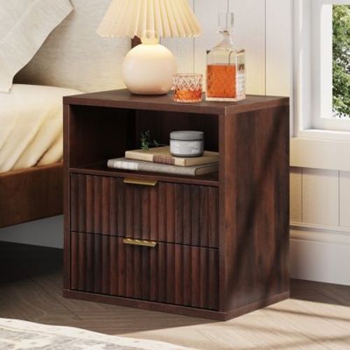 DEXYLLO Fluted Night Stand, Wood Nightstands with 2 Storage Drawers and Open Shelf, Mid Century Modern Bed Side Tables for Bedroom, Espresso