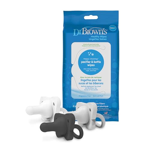 Dr. Brown's HappyPaci 100% Silicone Pacifier 0-6m, BPA Free, Black, Cool Gray, White, 3 Pack and Pacifier and Bottle Wipes, 40 Count