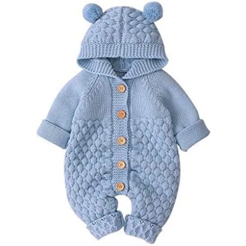 Toddler Baby Knit Sweaters Jumpsuit with Bear Hat Boys Girls Long Sleeve Button Down Cute Romper Fall Winter Bodysuit