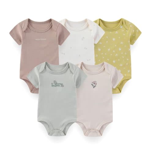 HONEYDANCE 5 Pack Unisex Baby Boy Girl Rompers Cotton Infant Bodysuits | unisex short sleeve,100%cotton,soft & breathable,envelope neckline,bottom snap closure,easy diaper changes, everyday wear