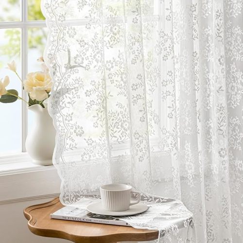 Woaboy Vintage Lace Curtains 84 Inches Long with Floral and Branch Pattern, Elegant Romantic Sheer Light Filtering Lacy Drapes for Living Room Bedroom, 52 x 84 Inch Ivory, Set of 2 Panels