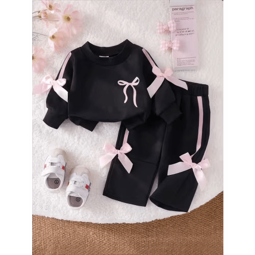 girls casual 2pcs set black crewneck sweatshirt double - Temu