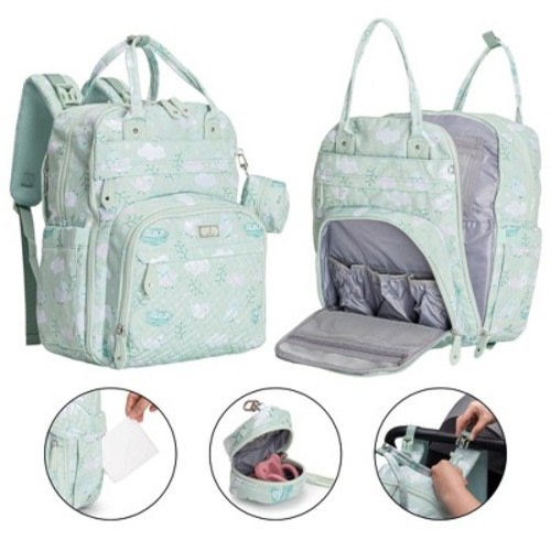 BabbleRoo Original Diaper Bag Backpack Stylish Hands-Free Baby Bag with Changing Pad, Stroller Straps & Water-Resistant Pañaleras , Green Birdy