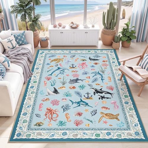 Arenarug 5x7 Washable Living Room Area Rug, Coastal Ocean Rug, Coastal Blue