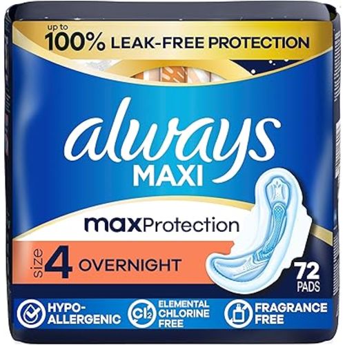 Always Maxi Overnight Feminine Pads with Wings for Women, Size 4, Overnight Absorbency, Unscented, Up to 100% Leak-Free Protection, 72 Count
