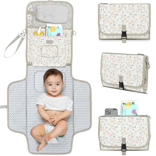 KeaBabies Portable Diaper Changing Pad - Large Waterproof Baby Changing Mat, Compact Travel Diaper Clutch, Functional Pockets Fit Newborn Essentials, Wipeable & Padded Baby Changer (Prairie)