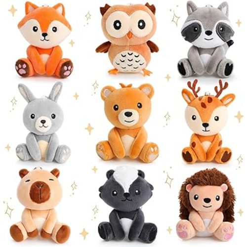 Aoriher 9 Pcs Small Forest Stuffed Animals Bulk 4 Inch Mini Woodland Plush Toys Deer Rabbit Owl Skunk Capybara Raccoon Hedgehog Brown Bear Fox for Kids Baby Shower Birthday Party Favors