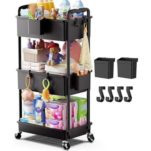 Goovilla Diaper Cart with Lockable Wheels and Easy Assembly, 3 Tier Black Rolling Cart for Baby Nursery Storage, Sturdy Ample Diaper Caddy Organizer for Baby Girl, Boy, New Mom, Newborn Essentials