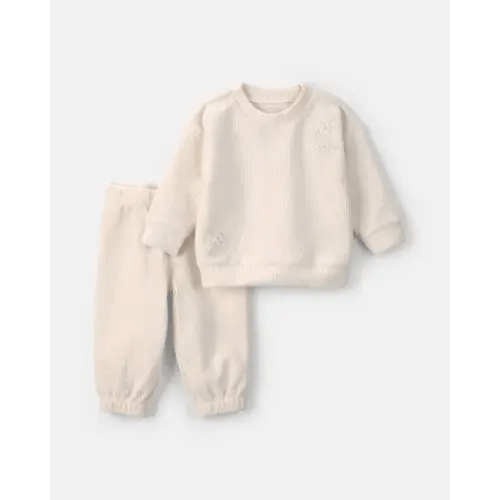 Baby Girl 2-Piece Flower Ribbed Long-Sleeve Top & Pant Set - Cream | Carter's