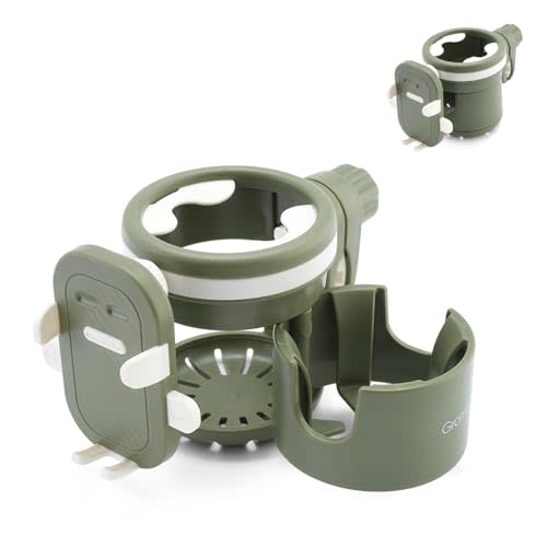 Gromast Universal Stroller Cup Holder with Phone Holder, 3-in-1 Detachable Drink Holder 360° Rotatable, Adjustable Cup Holder for Baby Stroller, Tricycle - Green