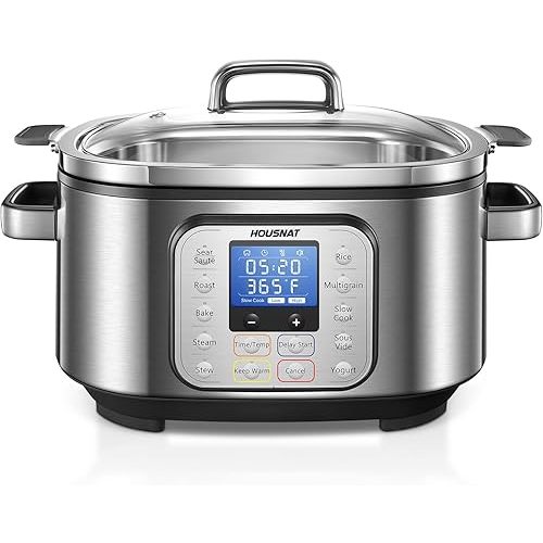 HOUSNAT Slow Cooker, 10 in 1 Programmable Pressure Cooker, 304 Stainless Steel Rice Cookers, Yogurt Maker, 6 QT Sous Vide, Delay Start, Adjustable Temp& Digital Time for Large Families or Entertaining