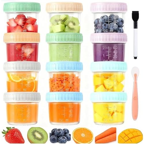 12 Pack Glass Baby Food Containers, 4 oz Leakproof Baby Food Jars with Lids, Reusable Small Baby Purees Containers for Snack, Puree, Salad Dressing, Microwave Dishwasher Freezer Safe