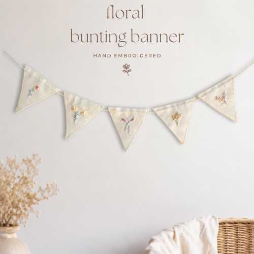 Hand Embroidered Flower Bunting, Fabric Garland for Nursery, Baby Shower, Birthday and Home Decor